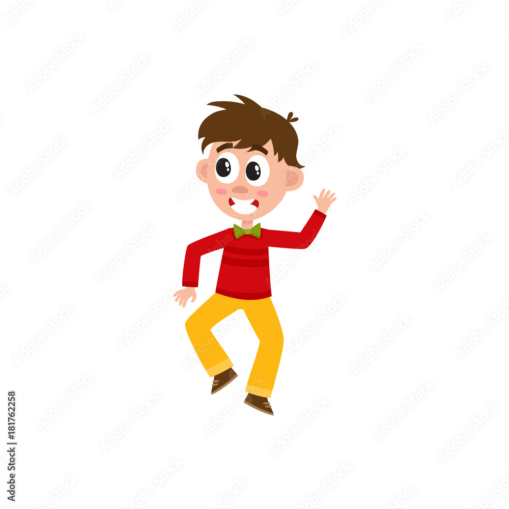 vector flat cartoon children at summer camp concept. Boy having fun dancing  at party, jumping in pullover with bowtie. Isolated illustration on a white  background. Stock Vector | Adobe Stock
