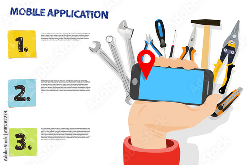 White background with home tools and mobile phone in hand