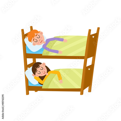 vector flat cartoon children at summer camp concept. Girl and boy kid having rest sleeping in bunk bed under blanket. Isolated illustration on a white background.