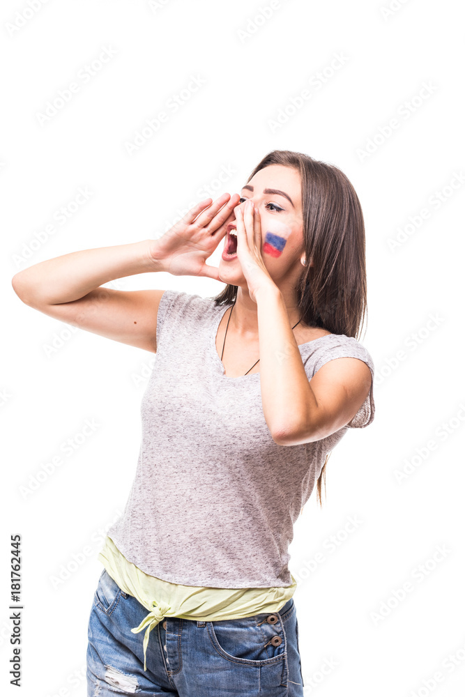 Face portrait of Russian woman football fan scream support Russia national team on white background. Football fans concept. Face portrait of Russian woman football fan scream support Russia national team on white background. Football fans concept.