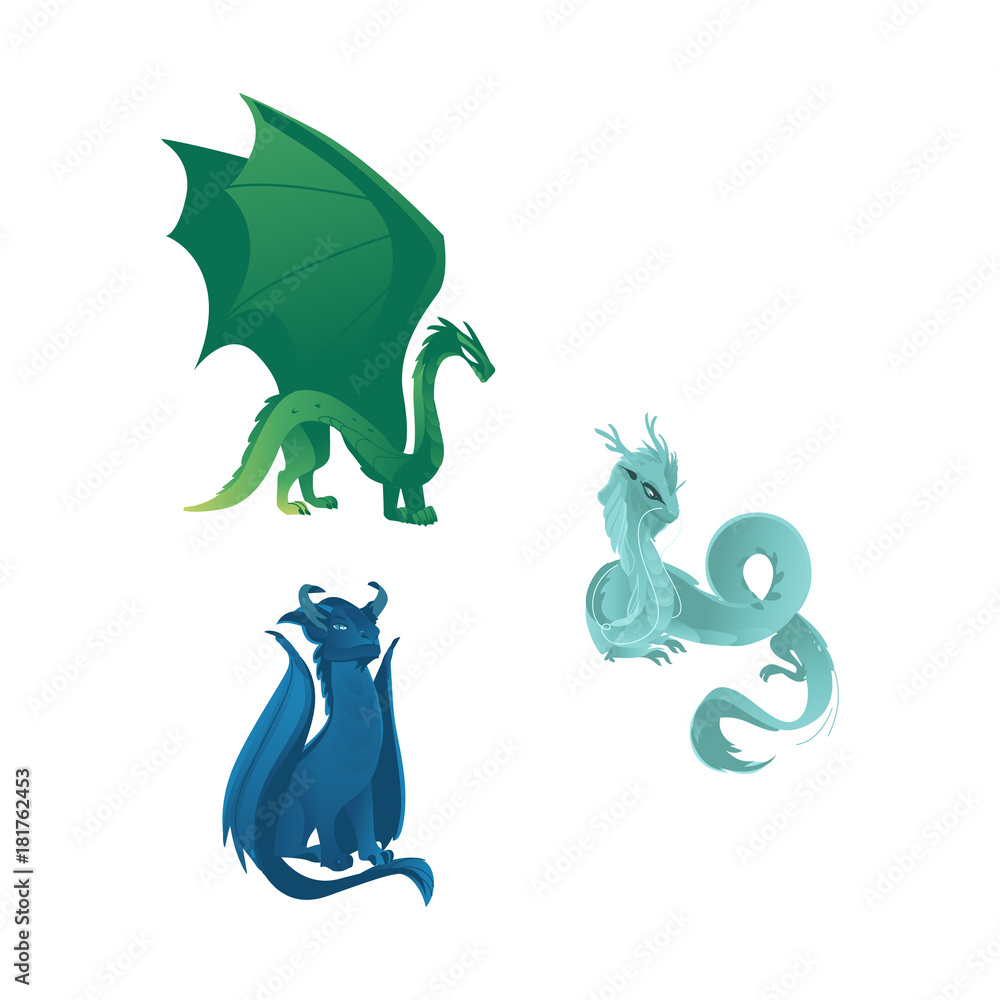 Set of three dragon characters, mythical creatures with wings, whiskers ...