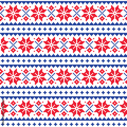 Christmas, winter seamless vector pattern, Scandianvian Lapland folk art design, cross stitch background