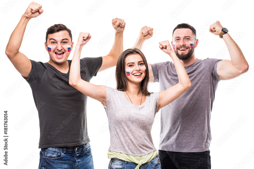 Russia win. Group of football fans support Russian national team on white background. Football fans concept.