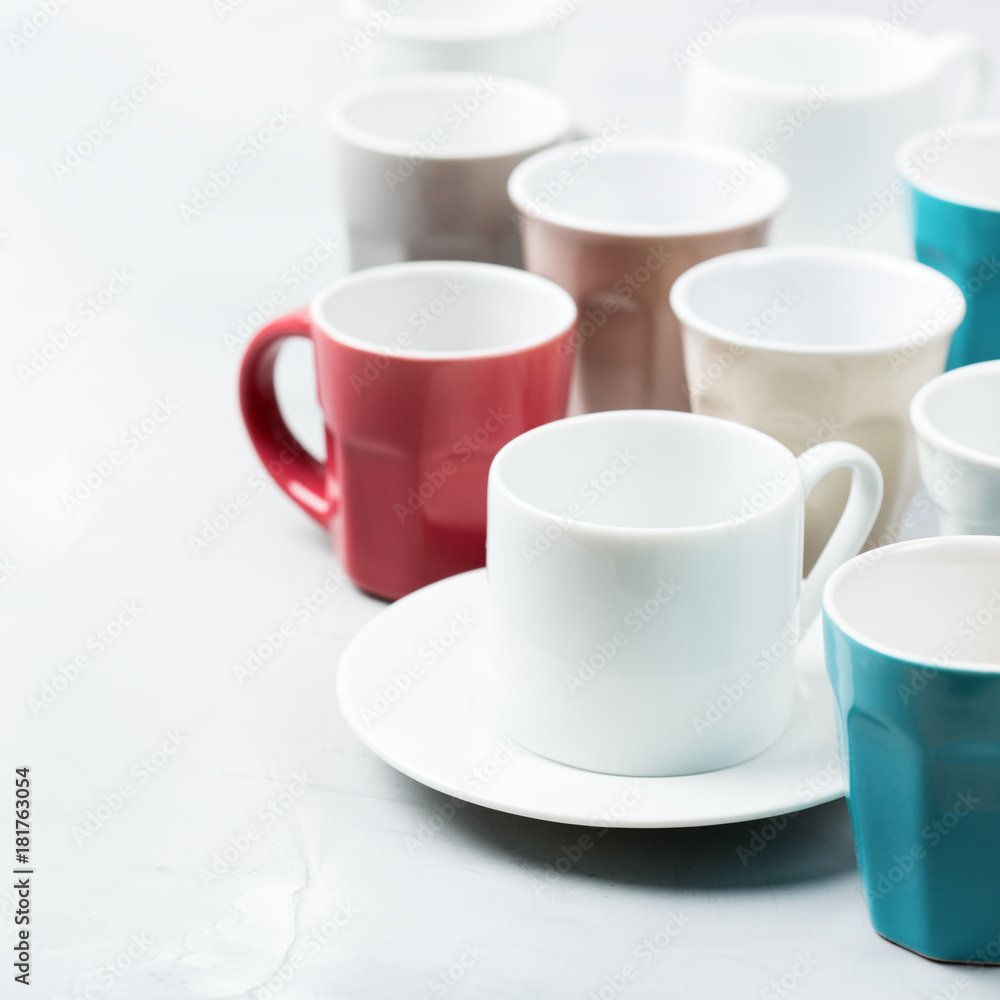 Different empty tea and coffee mugs and cups for breakfast Different empty tea and coffee mugs and cups for breakfast