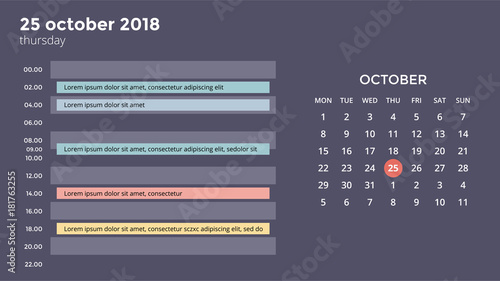 Calendar infographic, table chart, presentation chart. Business period concept. Task manager. Day, week, month. 2018 year. Time management. Organizer date diary.