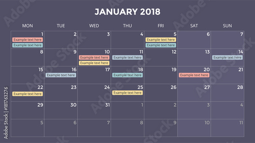 Calendar infographic, table chart, presentation chart. Business period concept. Task manager. Day, week, month. 2018 year. Time management. Organizer date diary.
