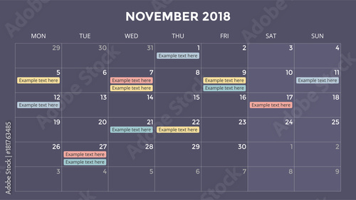 Calendar infographic, table chart, presentation chart. Business period concept. Task manager. Day, week, month. 2018 year. Time management. Organizer date diary.