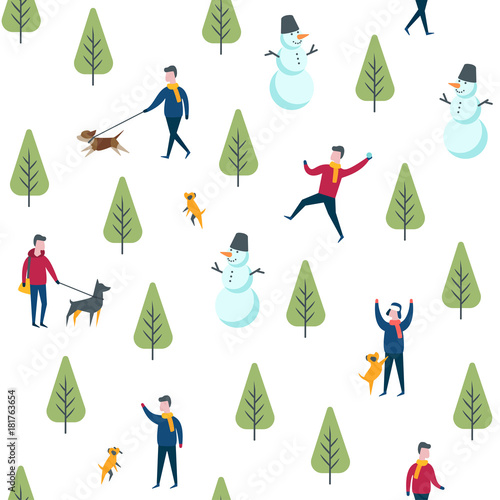 Seamless winter park pattern. Vector dog walking people