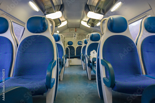 Interior of a local train without passengers.