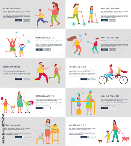 Mom and Children Web Page Vector Illustration