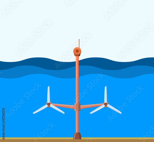 Tidal power station. Flat style cartoon tidal tower station. Innovation clean power source. Renewable energy concept. Vector illustration.