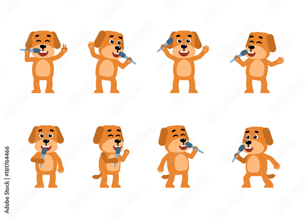 Set of funny yellow dog characters posing with microphone in different situations. Cheerful dog karaoke singing. Flat style vector illustration