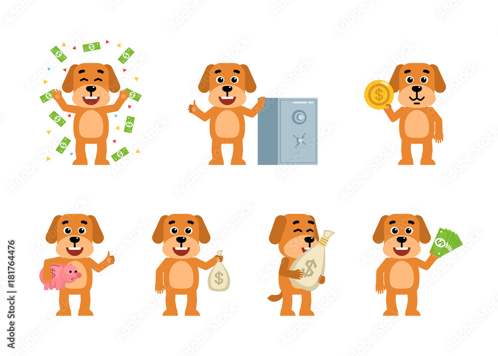 Set of funny yellow dog characters posing with money in different situations. Cheerful dog holding money bag, piggy bank, coin and showing other actions. Flat style vector illustration