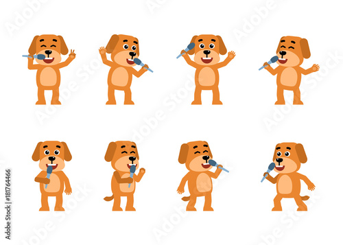 Set of funny yellow dog characters posing with microphone in different situations. Cheerful dog karaoke singing. Flat style vector illustration