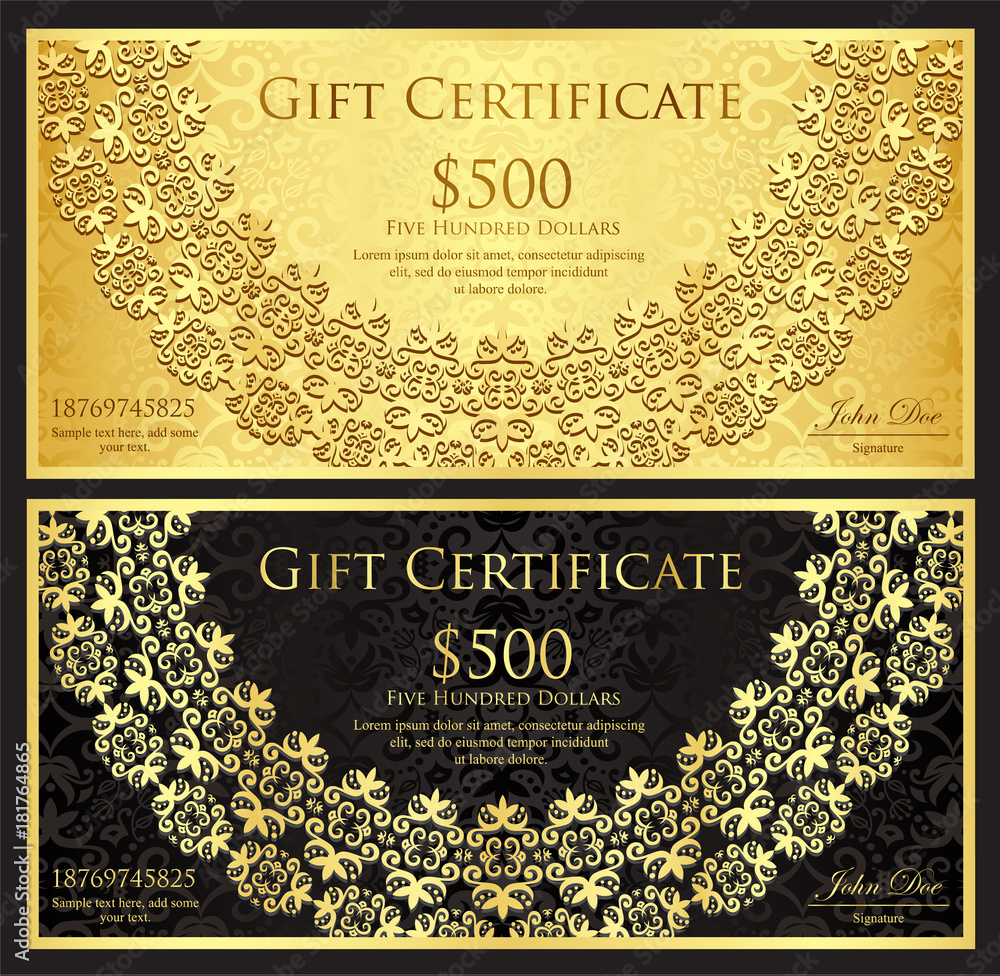 Luxury gold and black gift certificate with rounded lace decoration and vintage background - obrazy, fototapety, plakaty 
