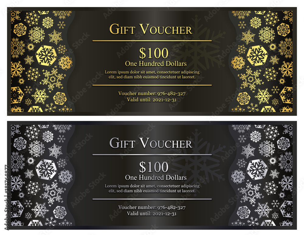 Black Christmas gift voucher with gold and silver snowflakes - obrazy, fototapety, plakaty 