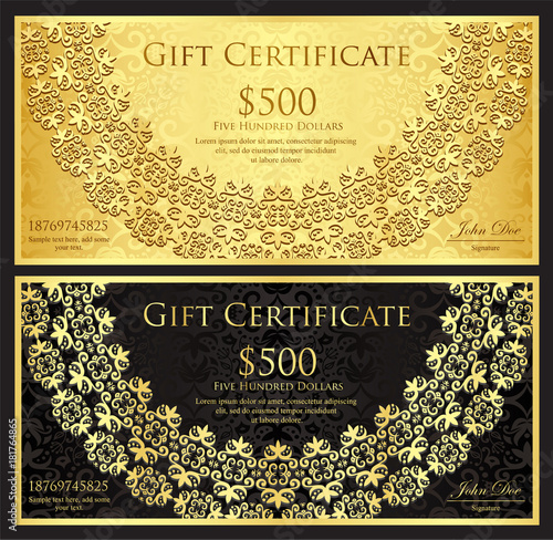 Luxury gold and black gift certificate with rounded lace decoration and vintage background