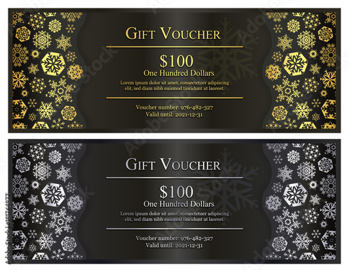 Black Christmas gift voucher with gold and silver snowflakes