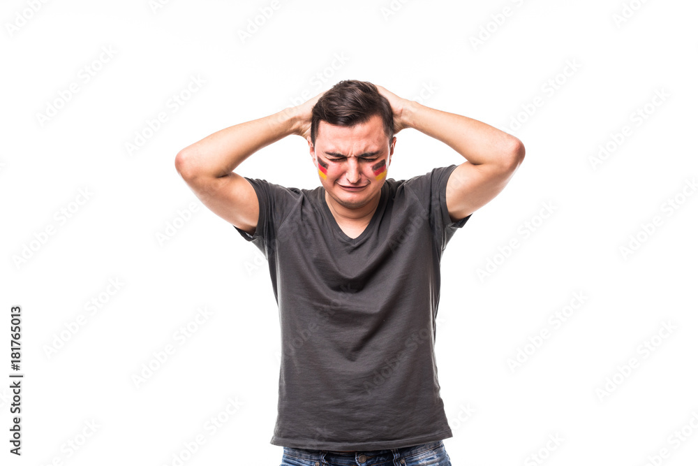 Germany lose. Unhappy and Failure of goal or lose game emotions of Germany football fan in game supporting of Germany national team on white background. Football fans concept. Germany lose. Unhappy and Failure of goal or lose game emotions of Germany football fan in game supporting of Germany national team on white background. Football fans concept.