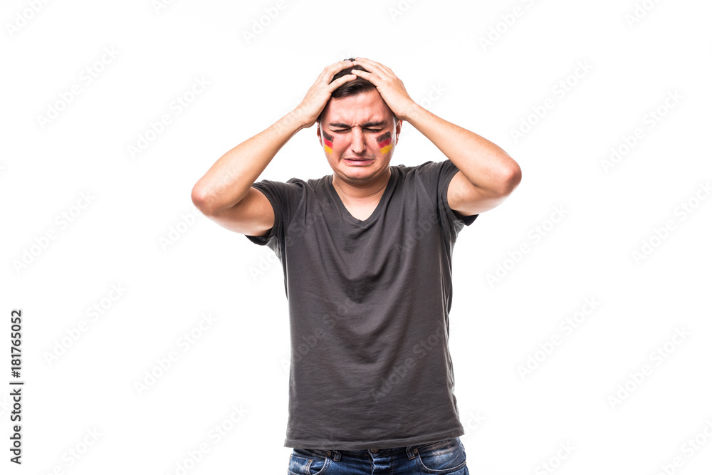 Germany lose. Unhappy and Failure of goal or lose game emotions of Germany football fan in game supporting of Germany national team on white background. Football fans concept. Germany lose. Unhappy and Failure of goal or lose game emotions of Germany football fan in game supporting of Germany national team on white background. Football fans concept.