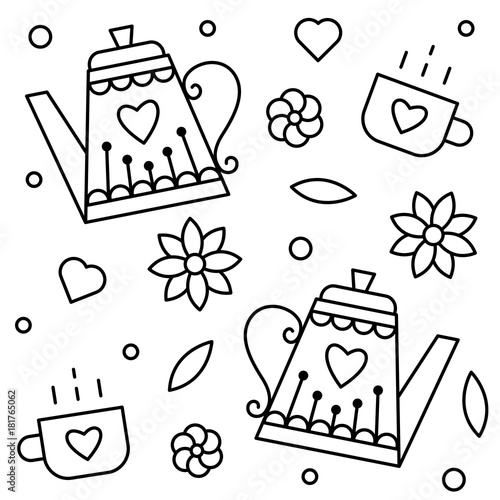 Teapots and cups. Coloring page. Vector illustration.