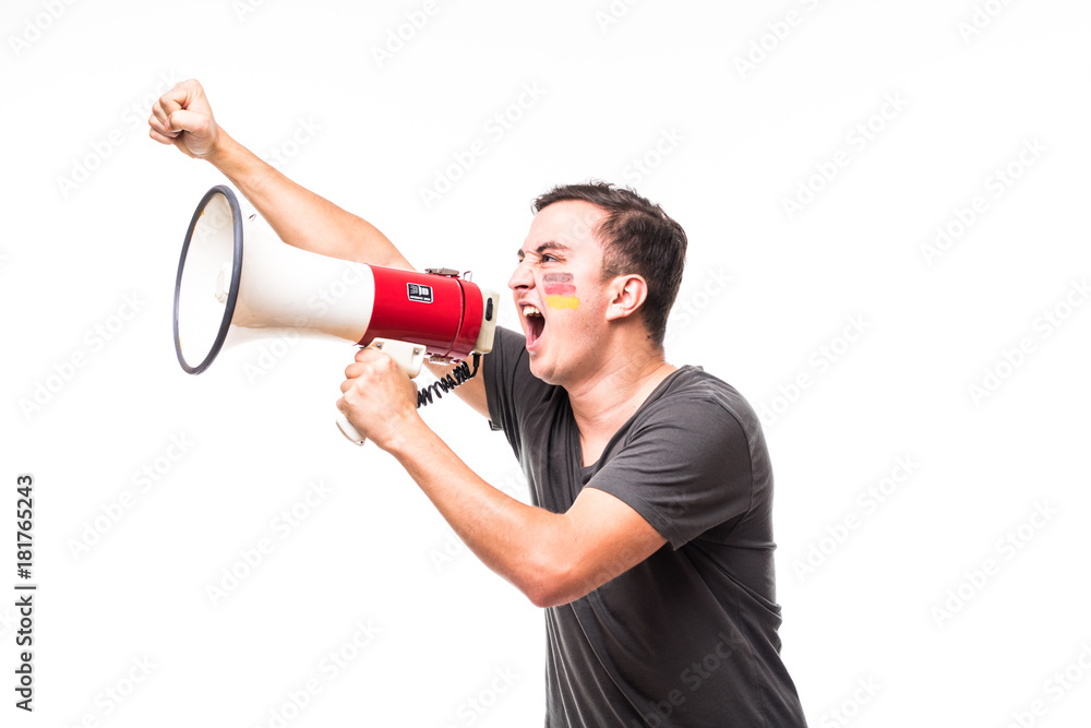 Scream on megaphone Germany football fan in game supporting of Germany  national team on white background. Football fans concept. Stock Photo |  Adobe Stock