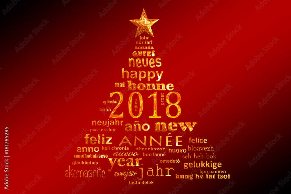 2018 new year multilingual text word cloud greeting card in the shape of a christmas tree