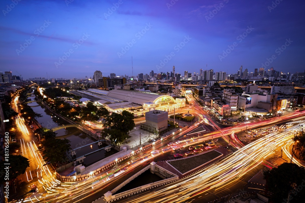 Aerial view of Bangkok cityscape with bangkok railway station at night
