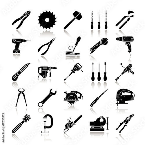 Construction tools drop shadow black glyph icons set