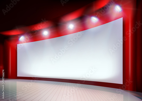 White projection screen on the stage. Vector illustration.