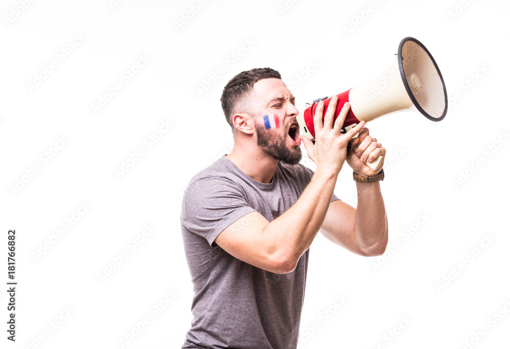 Scream on megaphone France football fan in game supporting of France national team on white background. Football fans concept. Scream on megaphone France football fan in game supporting of France national team on white background. Football fans concept.