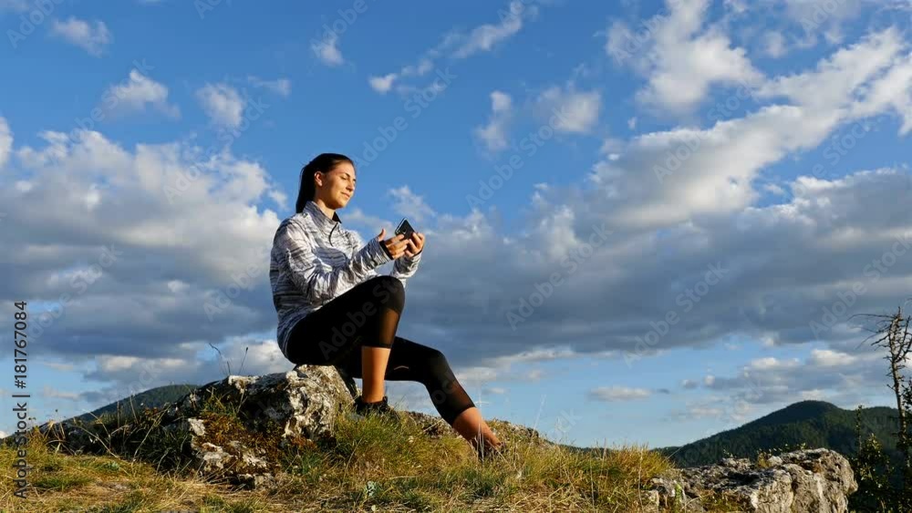 Woman exercising yoga on top of mountain at Sunset. Hiker Girl celebrating life scenic nature landscape enjoying vacation travel adventure, 4k Woman exercising yoga on top of mountain at Sunset. Hiker Girl celebrating life scenic nature landscape enjoying vacation travel adventure, 4k