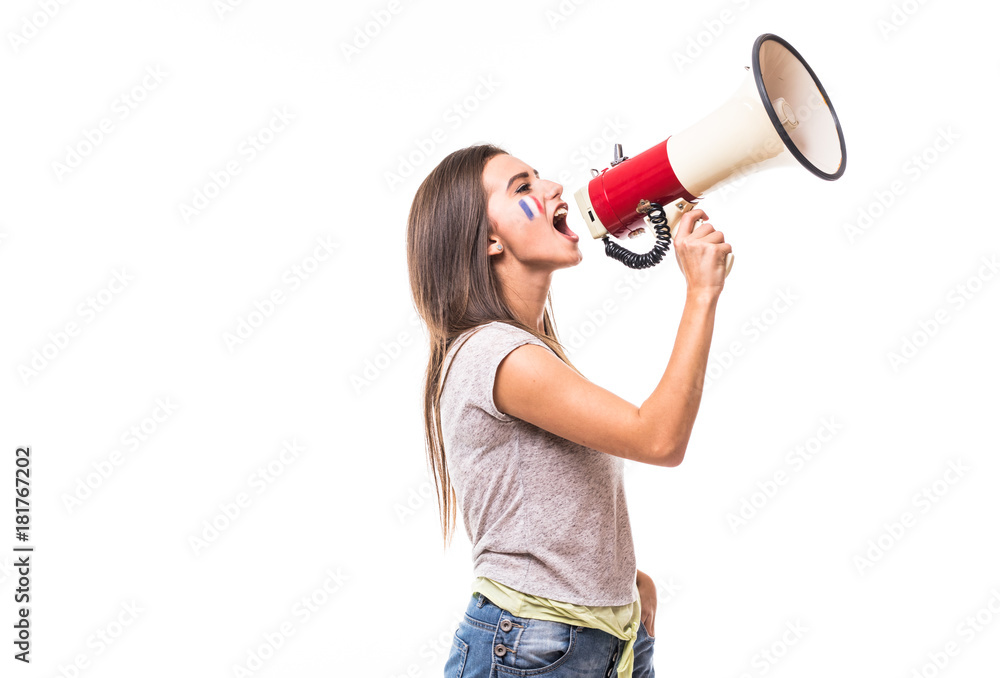 Scream on megaphone France woman football fan in game supporting of France national team on white background. Football fans concept. Scream on megaphone France woman football fan in game supporting of France national team on white background. Football fans concept.