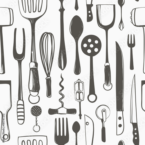 Kitchen Utensils Seamless Vector Drawn Pattern 