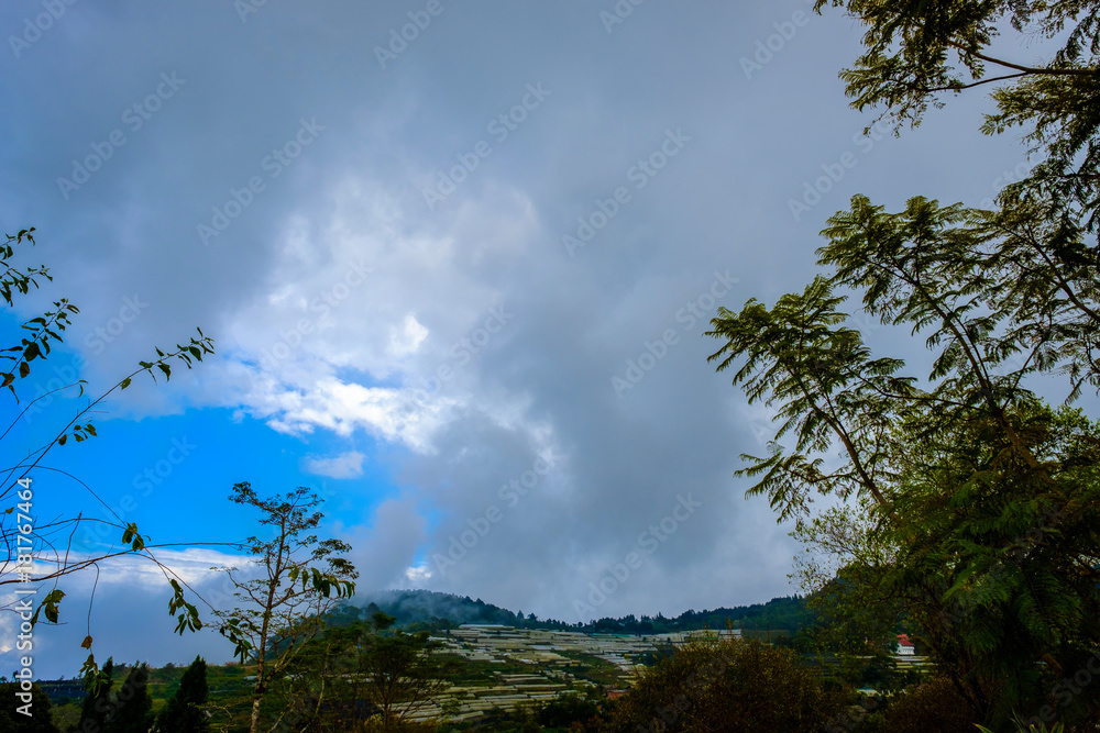 Obraz premium high mountains peaks range clouds in fog scenery landscape national park view outdoor at Doi Ang Khang, Chiang Mai Province, Thailand