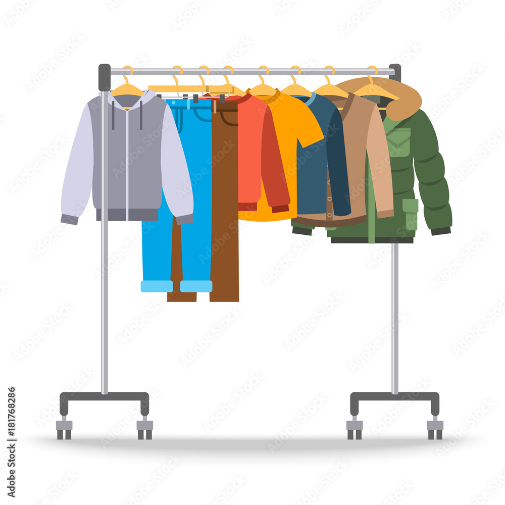 Men casual warm clothes on hanger rack. Flat style vector illustration.  Male apparel hanging on shop rolling display stand. Winter and autumn  outfit new fashion collection. Seasonal sale concept Stock-Vektorgrafik |  Adobe