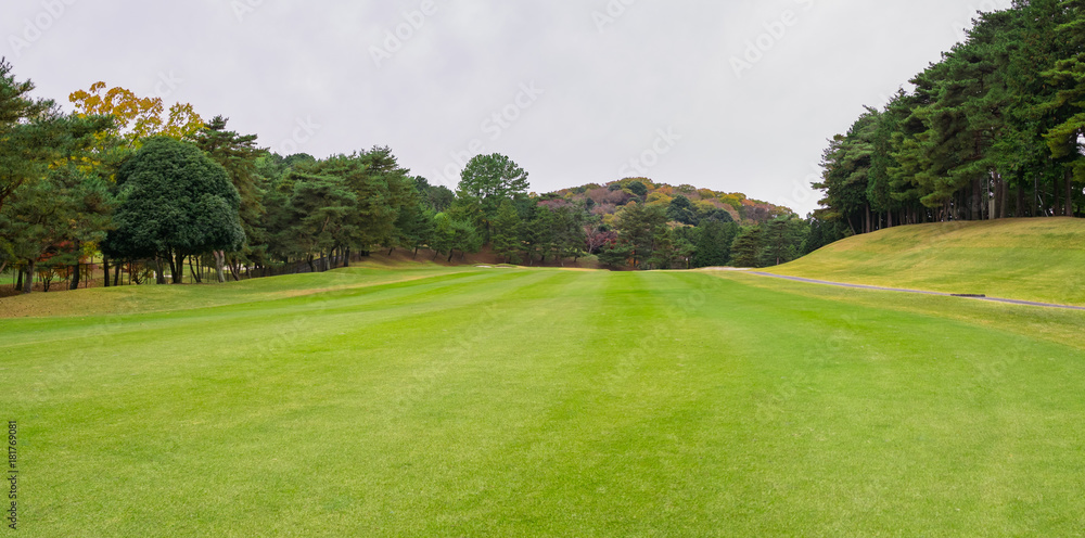 Panorama view of Golf Course where the turf is beautiful and green in Ibaraki Prefecture, Japan. Golf is a sport to play on the turf.