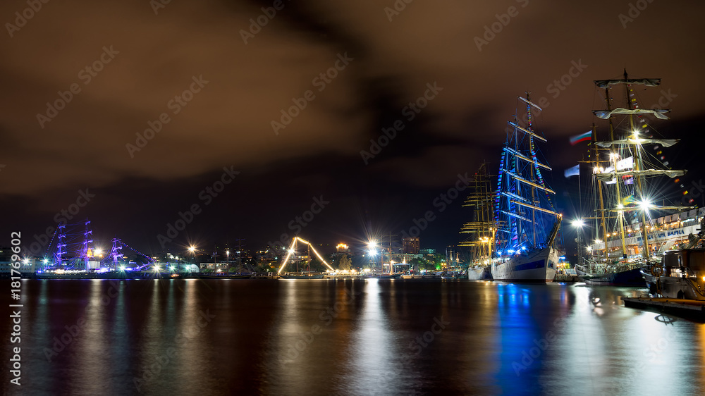 Varna's Harbor with tall ship by night