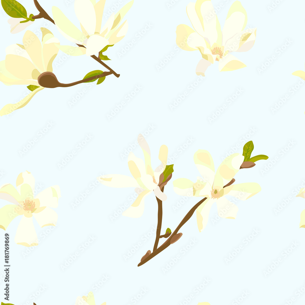 Vector seamless pattern with color hand drawn white flowers of magnolia on blue background, with clipping mask. EPS 10