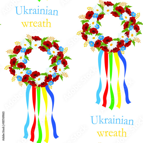 Seamless pattern of the Ukrainian wreath from field flowers with multi-colored ribbons.