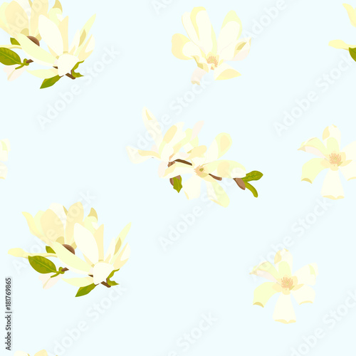 Vector seamless pattern with color hand drawn white flowers of magnolia on blue background, with clipping mask.