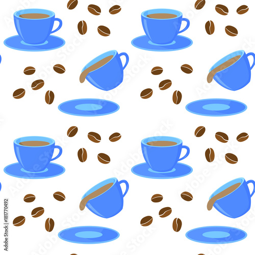 Seamless pattern with a blue cup of coffee and brown coffee grains