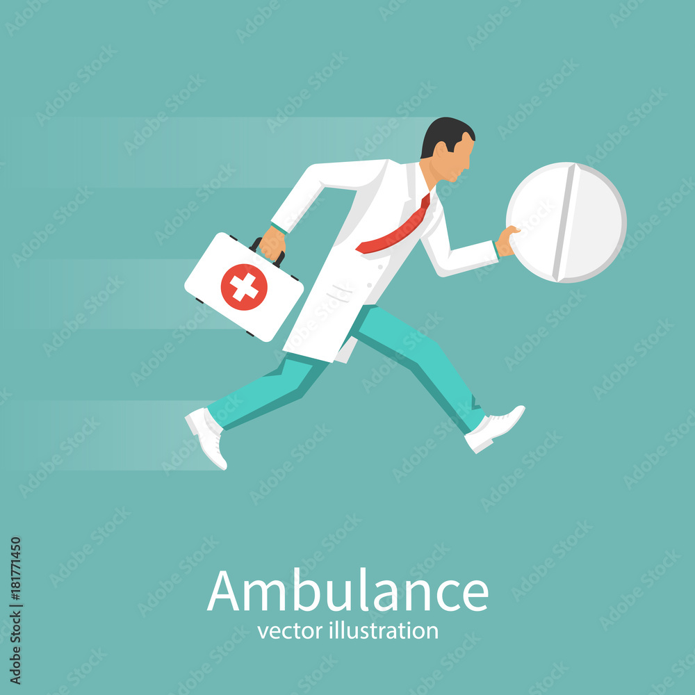 Doctor is holding pill in hand. Hurries to rescue. Ambulance concept. Doctor running to help. First aid kit is in hands of medical professional. Vector illustration flat design. Isolated on background Doctor is holding pill in hand. Hurries to rescue. Ambulance concept. Doctor running to help. First aid kit is in hands of medical professional. Vector illustration flat design. Isolated on background
