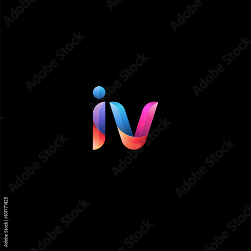 Initial lowercase letter iv, curve rounded logo, gradient vibrant colorful glossy colors on black background