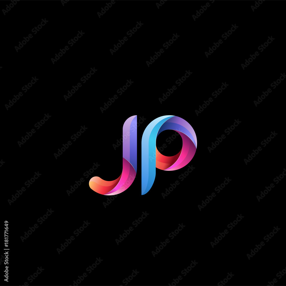 Initial lowercase letter jp, curve rounded logo, gradient vibrant colorful glossy colors on black background Initial lowercase letter jp, curve rounded logo, gradient vibrant colorful glossy colors on black background