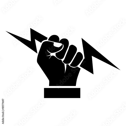 Lightning holding in hand black silhouette. Vector illustration flat design. Isolated on white background. Gesture with a fist pictogram. Symbol of victory and leader. Power icon.