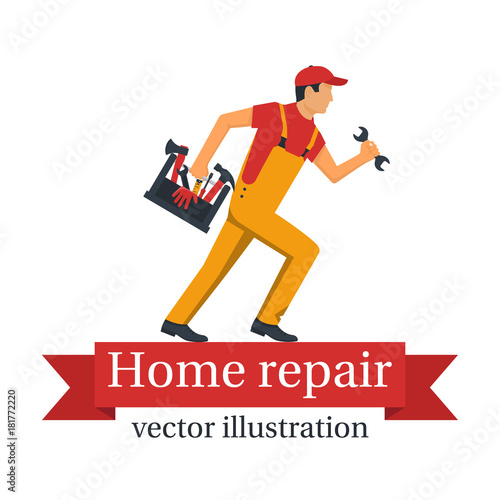 Home repair. Repairman with technical assistance hurries to the rescue. Holding toolbox in hand. Vector illustration flat design. Isolated on white background. Worker customer service.