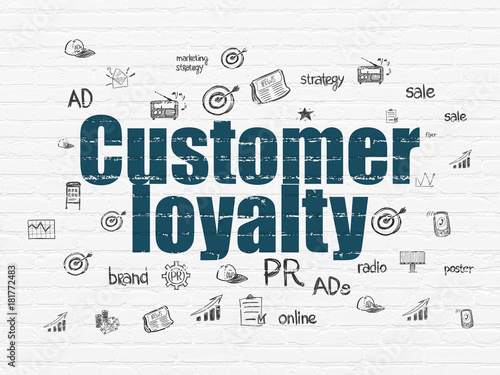Marketing concept  Painted blue text Customer Loyalty on White Brick wall background with  Hand Drawn Marketing Icons