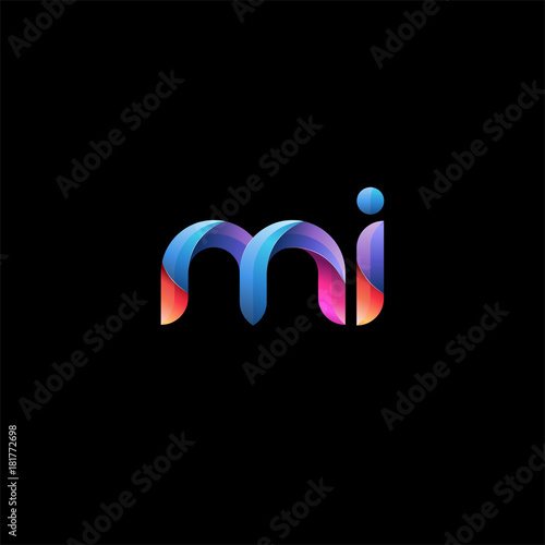 Initial lowercase letter mi, curve rounded logo, gradient vibrant colorful glossy colors on black background