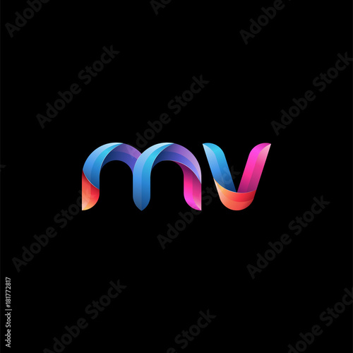 Initial lowercase letter mv, curve rounded logo, gradient vibrant colorful glossy colors on black background